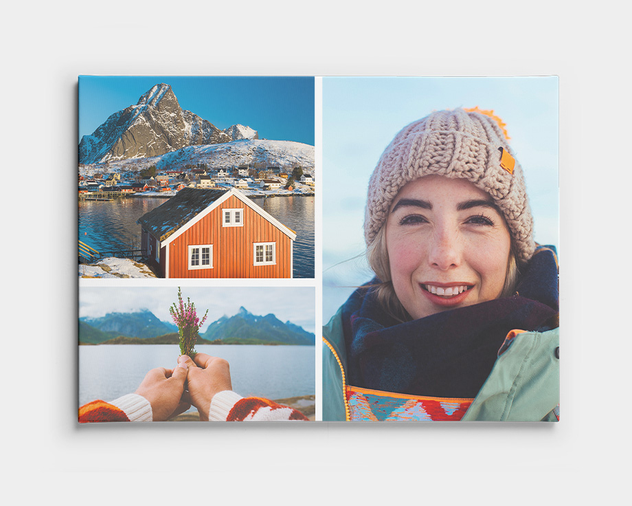 En fotocollage på lærred med to landskabsbilleder og et billede af en smilende person.