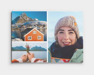 En fotocollage på lærred med to landskabsbilleder og et billede af en smilende person.