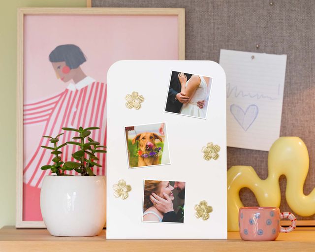 Tre personlige fotomagneter med bryllupsbilleder