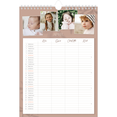 A4 Familiekalender — Jordnært design - Familie på 4 [April]