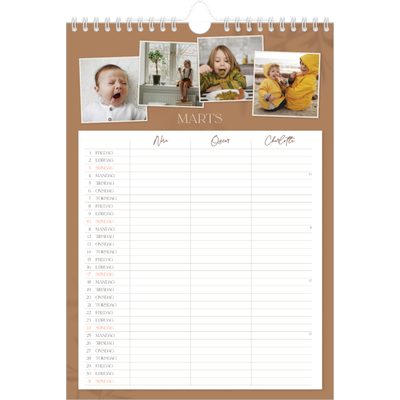 A4 Familiekalender — Jordnært design - Familie på 3 [Marts]