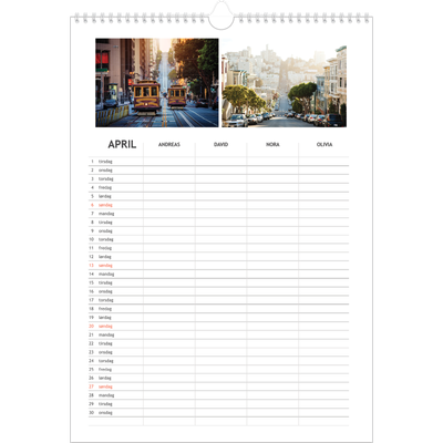 Familiekalender A3  — Enkel familiekalender - Familie på 4 [April]
