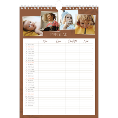 A4 Familiekalender — Jordnært design - Familie på 4 [Februar]