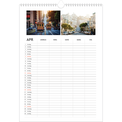 Familiekalender A3  — Enkel familiekalender - Familie på 5 [April]