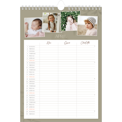 A4 Familiekalender — Jordnært design - Familie på 3 [April]