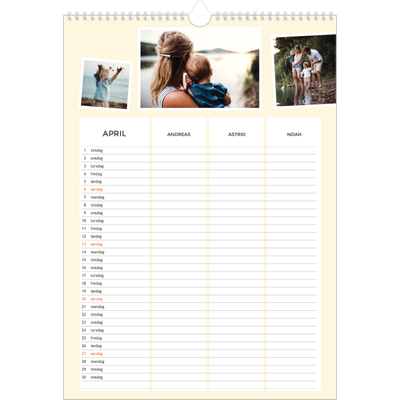 Familiekalender A3  — Moderne familiekalender - Familie på 3 [April]