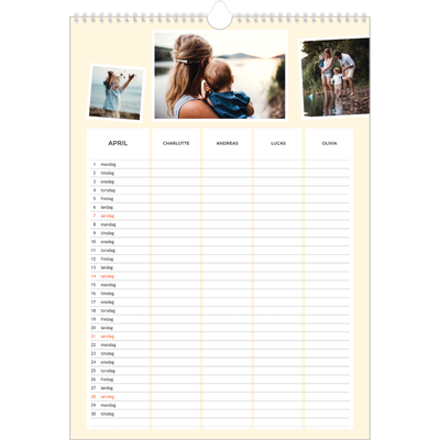 Familiekalender A3  — Moderne familiekalender - Familie på 4 [April]