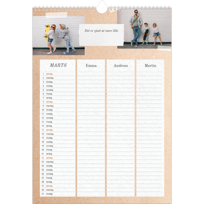 Familiekalender A3  — Naturlig familiekalender - Familie på 3 [Marts]