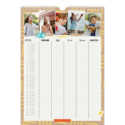 A4 Familiekalender — Rustik familiekalender - familie på 5 [April]