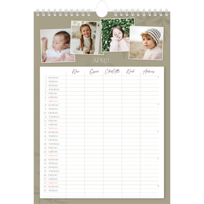 A4 Familiekalender — Jordnært design - Familie på 5 [April]