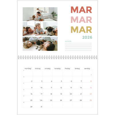 Fotokalender A4 dobbelt (30 x 40 cm) — Farverige fonter [Marts]