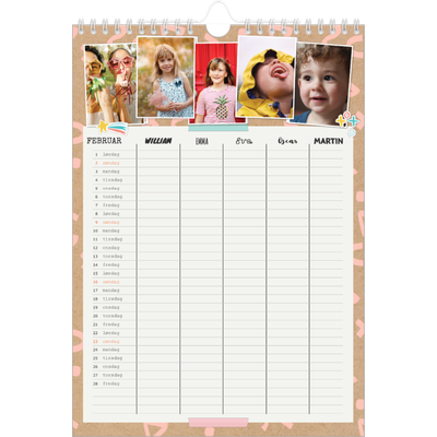 A4 Familiekalender — Rustik familiekalender - familie på 5 [Februar]