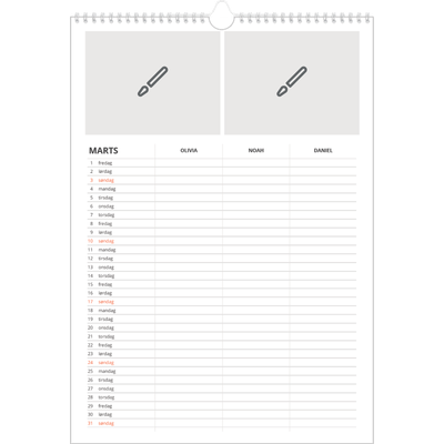 Familiekalender A3  — Design selv - Familie på 3 [Marts]