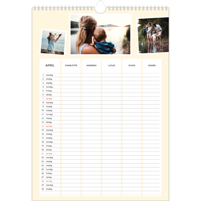 Familiekalender A3  — Moderne familiekalender - Familie på 5 [April]