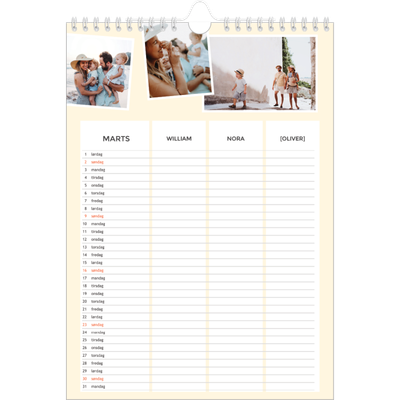 A4 Familiekalender — Moderne familiekalender - Familie på 3 [Marts]