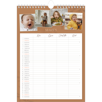 A4 Familiekalender — Jordnært design - Familie på 4 [Marts]