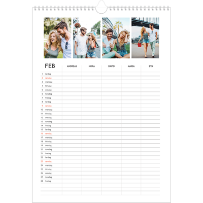 Familiekalender A3  — Enkel familiekalender - Familie på 5 [Februar]