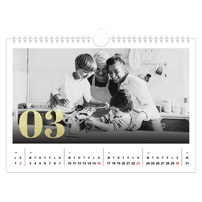 Fotokalender A4 — Store tal i glitter [Marts]