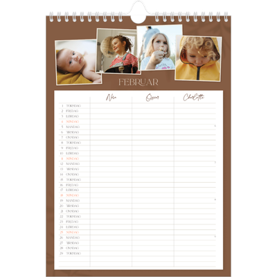 A4 Familiekalender — Jordnært design - Familie på 3 [Februar]