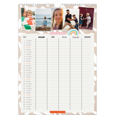 Familiekalender A3  — Rustik familiekalender - familie på 5 [kalender forside]