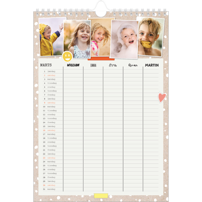 A4 Familiekalender — Rustik familiekalender - familie på 5 [Marts]