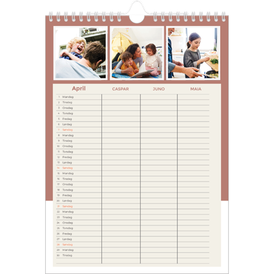 A4 Familiekalender — Familiekalender i jordfarver - Familie på 3 [April]