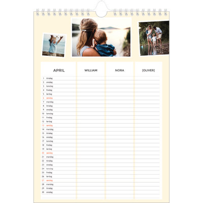 A4 Familiekalender — Moderne familiekalender - Familie på 3 [April]