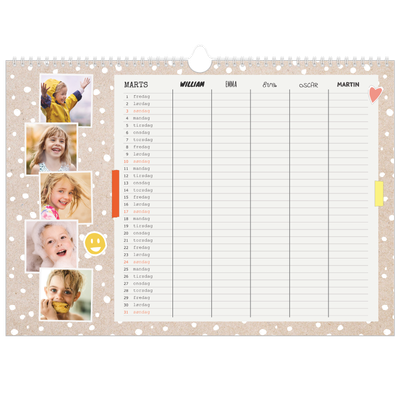 A3 Foto Kalender — Rustik familiekalender - familie på 5 [Marts]