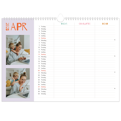 A3 Foto Kalender — Farverigt design - Familie på 3 [April]
