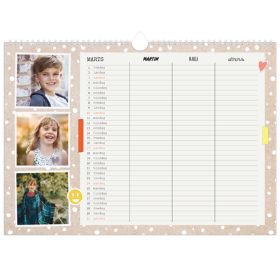 A3 Foto Kalender — Rustik familiekalender - familie på 3 [Marts]