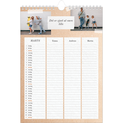 A4 Familiekalender — Naturlig familiekalender - Familie på 3 [Marts]
