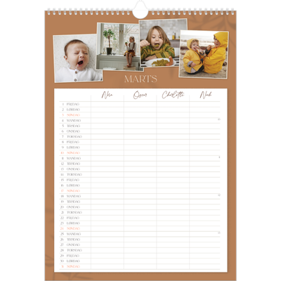 Familiekalender A3  — Jordnært design - Familie på 4 [Marts]