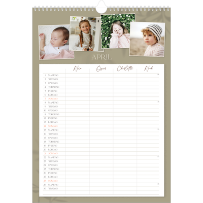 Familiekalender A3  — Jordnært design - Familie på 4 [April]