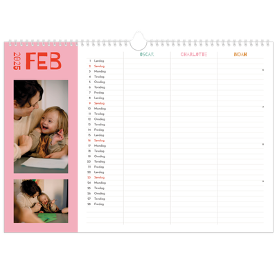 A3 Foto Kalender — Farverigt design - Familie på 3 [Februar]