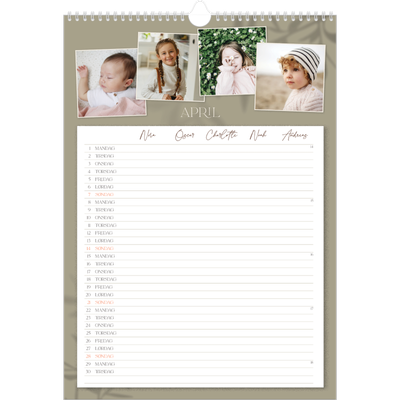 Familiekalender A3  — Jordnært design - Familie på 5 [April]