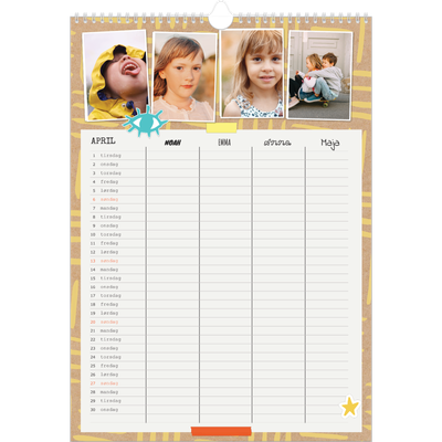 Familiekalender A3  — Rustik familiekalender - familie på 4 [April]